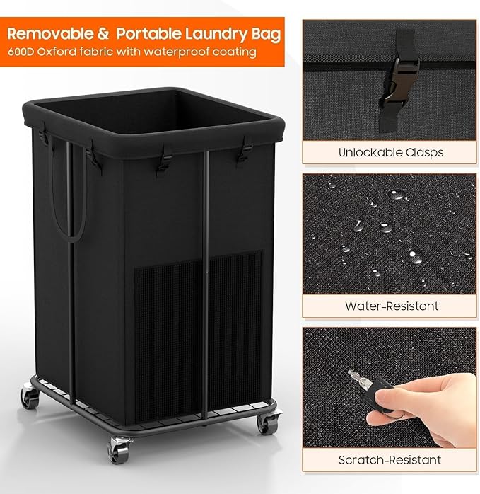 Laundry Hamper with Wheels, 150L Rolling Laundry Basket with Bag & Handles | Sturdy Metal Frame | Removable Bag | Large & Tall Dirty Clothes Hampers for Laundry Room, Bedroom, Dorm, Bathroom-Black
