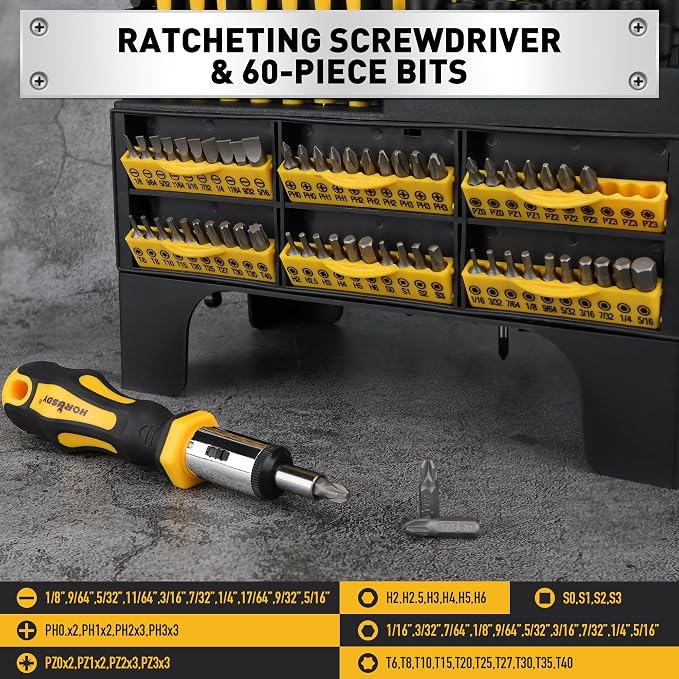 HORUSDY 140-Piece Magnetic Screwdriver Set with Plastic Racking, Includes SAE & Metric Hex Keys, Precision Screwdriver and Magnetizer Demagnetizer DIY Tools for Men Tools Gift