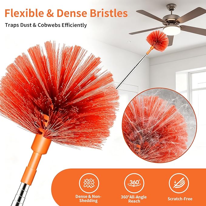 Cobweb Duster with Extension Pole, 90" Spider Web Brush, Orange | Cobweb duster with extension pole & stainless steel telescopic handle. For ceilings, fans & corners. Collapses to 15.7".