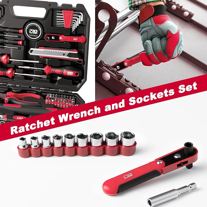 Prostormer 160-Piece Home Tool Set, Starter Tool Kit, Red | Eessential Tools for Household Repairs & DIY Projects, Beginners Friendly, Compact & Portable