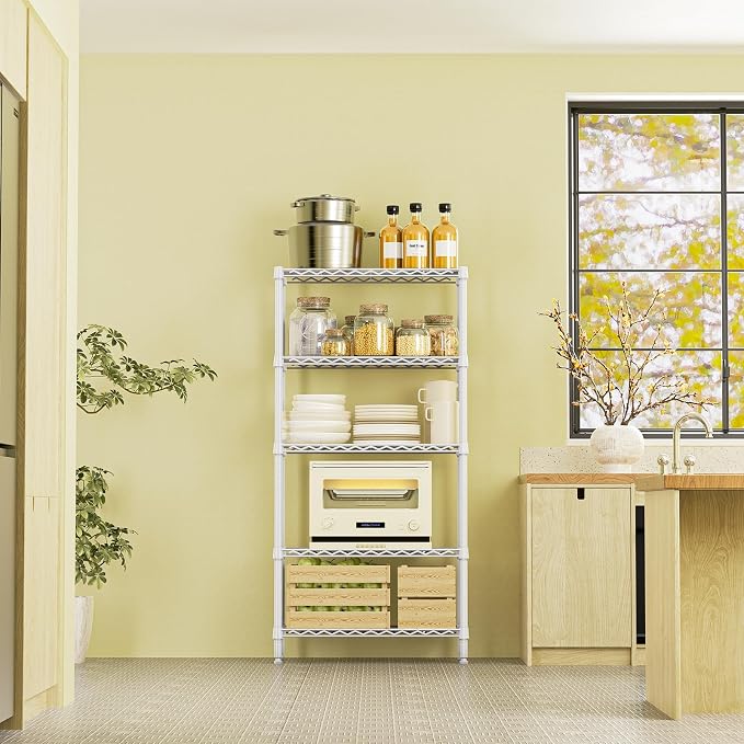 IZEUK 5 Tier White Metal Storage Shelves, Heavy Duty Wire Shelving Rack for Garage, Kitchen, Bathroom, Laundry, or Closet Organization, 1250 lbs Capacity, 11.8" D x 29.5" W x 59.5" H