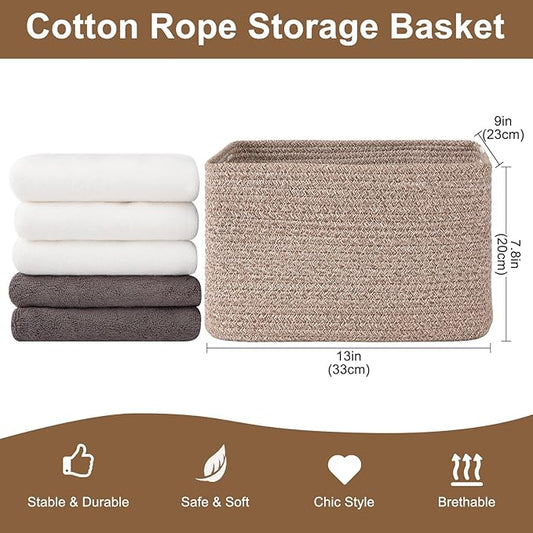 OIASKET Storage Baskets for Organizing, Woven Decorative Baskets for Shelves - Books, Towels, and Clothes, Cotton Rope Toy Storage Bins, 12.7''Lx9''Wx7.8''H, Pack of 4, Linen Brown