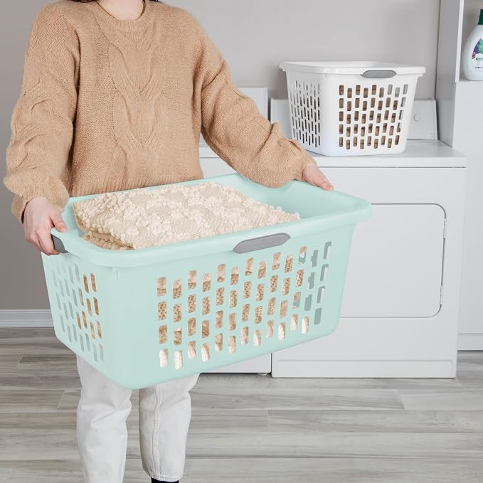 Sterilite Rectangular Laundry Basket, Plastic Clothes Hamper, 12-Pack | 2 Bushel, Mint - Ventilated Open-Top Utility Wash Bin with 4 Handles and Large Clothing Load Capacity