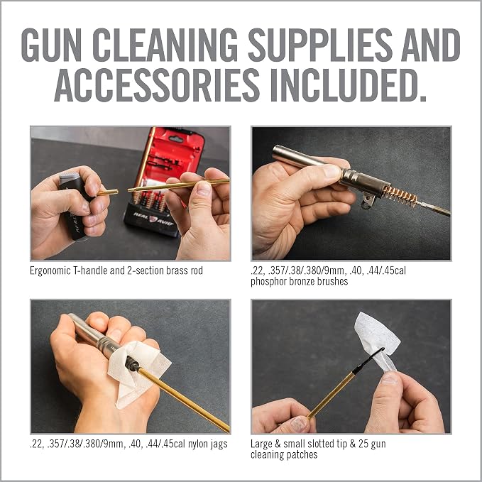 Real Avid PRO Handgun Cleaning Kit – Multi-Caliber Pistol Cleaning Kit for .22, 9mm, .357, .38, .40, .44 & .45 – Brass Rod, Bore Brushes, Jags, Patches & Crush-Proof Range Case
