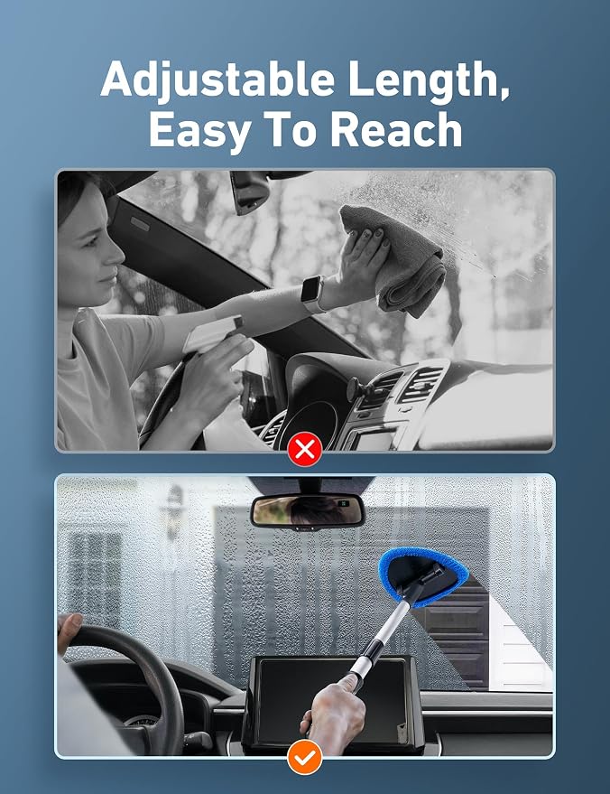 AstroAI 21" Extra-Long Windshield Cleaner Tool, Car Interior Detailing Cleaning Kit with Extendable Handle and 4 Upgraded Reusable Microfiber Pads, Auto Glass Wiper Brush Kit for Cars, Blue, 2 Pack