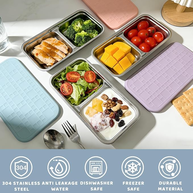 3 Pack Stainless Steel Snack Containers for Kids, Reusable Snack Containers with Silicone Lids, 2 Compartment Toddler Snack Containers for Daycare, School Lunch and Travel, 15 oz