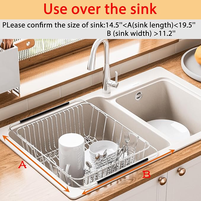 NiuYichee Stainless Steel Dish Drying Rack(15"L X 11"W X 4.1"H), Expandable Fruit & Vegetable Drain Rack over Sink, Dish Drainer Rack in Sink, with Stainless Steel Utensil Holder & Silicone Mat(16")