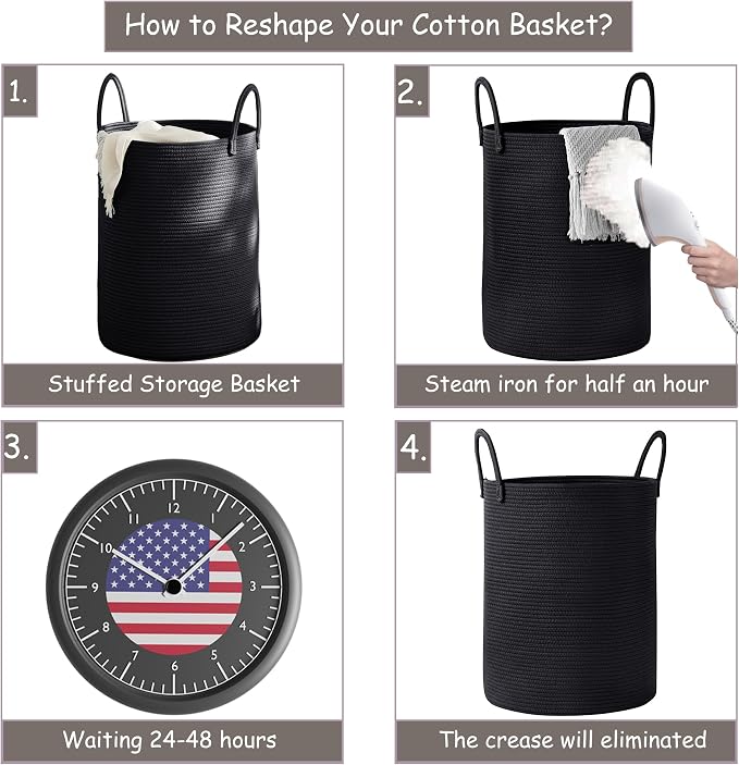 60L Black Hamper Laundry Basket Woven Clothes Hamper Tall | Modern Cotton Rope Blanket Storage Basket in Living Room Bedroom 15Dx20H inches