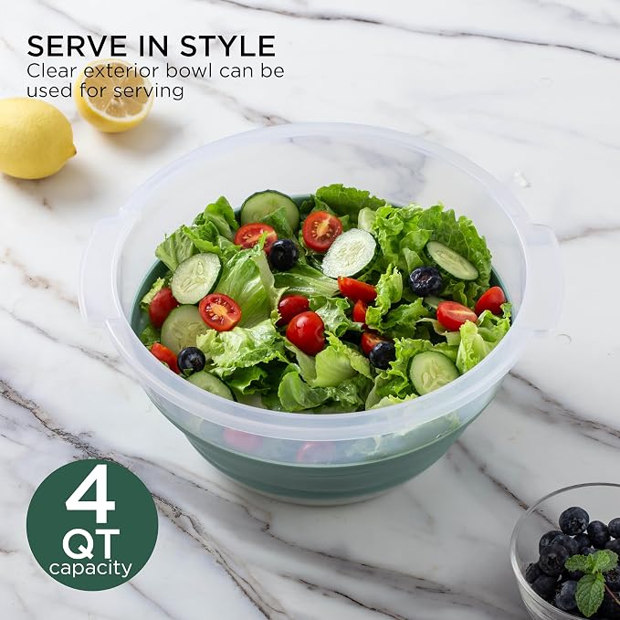 COOK WITH COLOR Collapsible Salad Spinner - 4 QT Space Saving Lettuce Dryer with Folding Collapsible Colander Great for Washing and Drying Fruit and Vegetables (Sage)