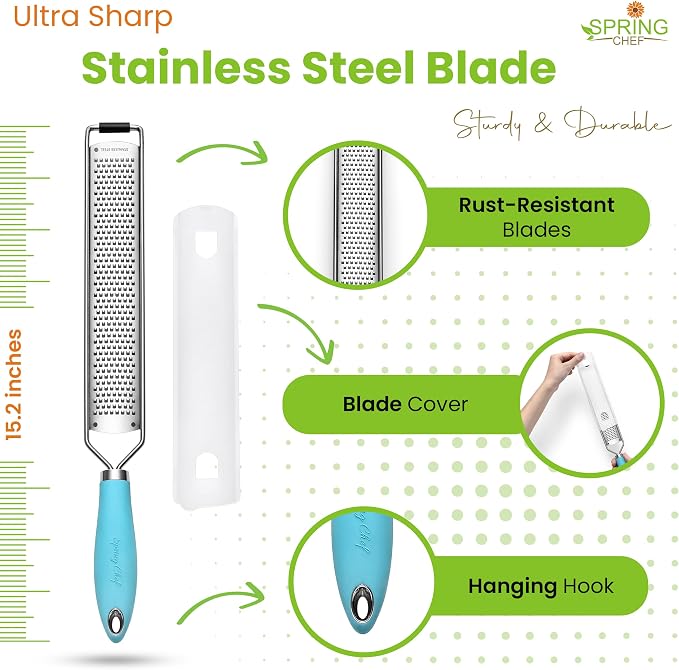 Spring Chef Stainless Steel Lemon Zester Grater with Handle - Garlic, Cheese, Parmesan, Nutmeg, Lime, Ginger Grater - Heavy Duty Kitchen Tool - Citrus Zester with Blade Cover - Fine Shred - Aqua Sky