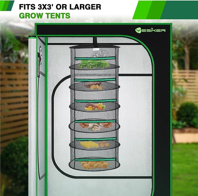 Yesker 6 Layer Herb Drying Rack Hanging Mesh Net Foldable Plant Drying Racks 24" Diameter with Green Zipper & Hook Dryer Hanging Rack for Herbs Seed Bud Fruit Clothes Grow Tent Closets Garden Outdoor