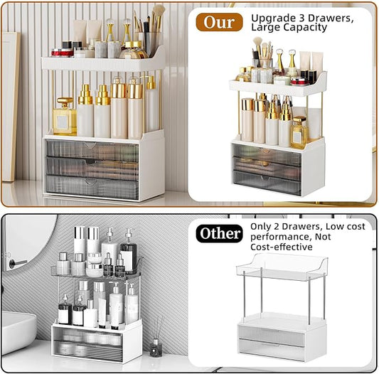 StorBin Strong 3 Drawers Bathroom Counter Organizer, 5 Tier Makeup Organizer, Versatile Perfume Organizer, Ideal for Bathroom Storage, Vanity, Large Skincare, Perfume, Present, Grey