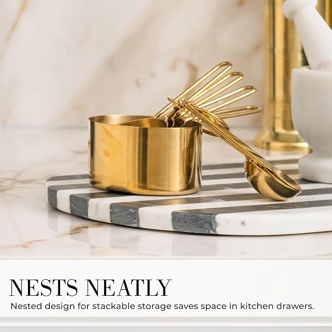 STYLED SETTINGS Gold Measuring Cups and Spoons Set – Stackable 8-Piece Brass Measuring Cups and Spoons – Stylish and Sturdy Gold Kitchen Accessories for Baking and Cooking