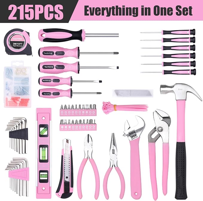 FASTPRO 215-Piece Pink Tool Set, Home Repairing Tool Set with 12-Inch Wide Mouth Open Storage Bag, Household Hand Tool Kit, Pink