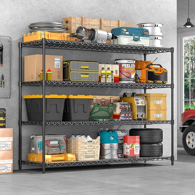 60" W Storage Shelves 2640 LBS Heavy Duty Garage Shelving, Adjustable Wire Shelving Metal Shelving with Liners, Fits 27-Gallon Totes, 60" W x 18" D x 68.4" H for Commercial Warehouse, Black