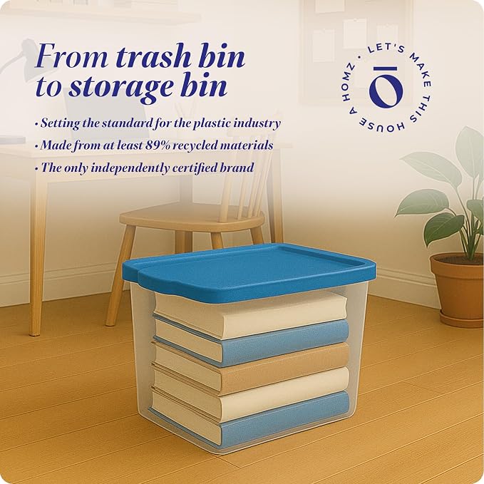 HOMZ Snaplock Clear Plastic Bin 56 Quart/14 Gallon | Storage Tote with Secure Lid | for Home, Office, Garage, Dorm Room Organizer | Stackable & Nestable | Blue Lid, Pack of 2