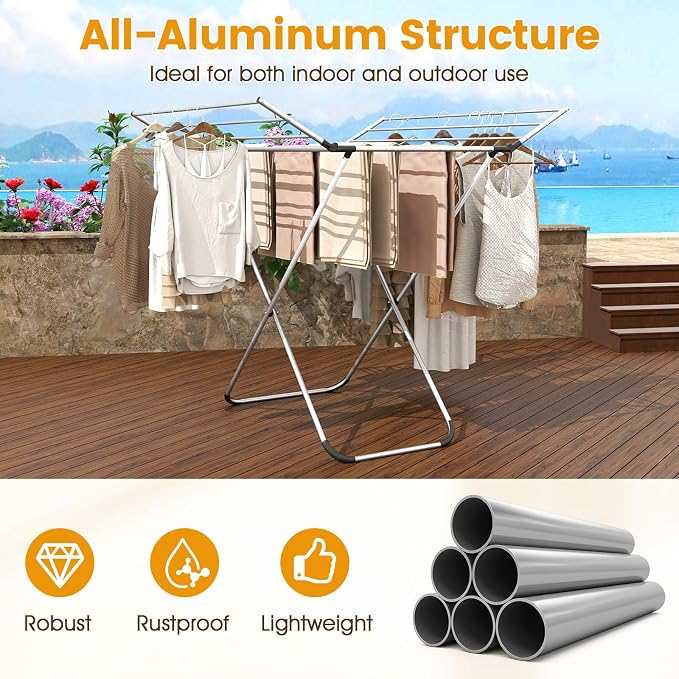 Giantex Foldable Clothes Drying Rack, Freestanding Aluminum Laundry Drying Rack with 2 Side Wings, Portable Space-Saving Clothing Airer for Indoor Outdoor Use