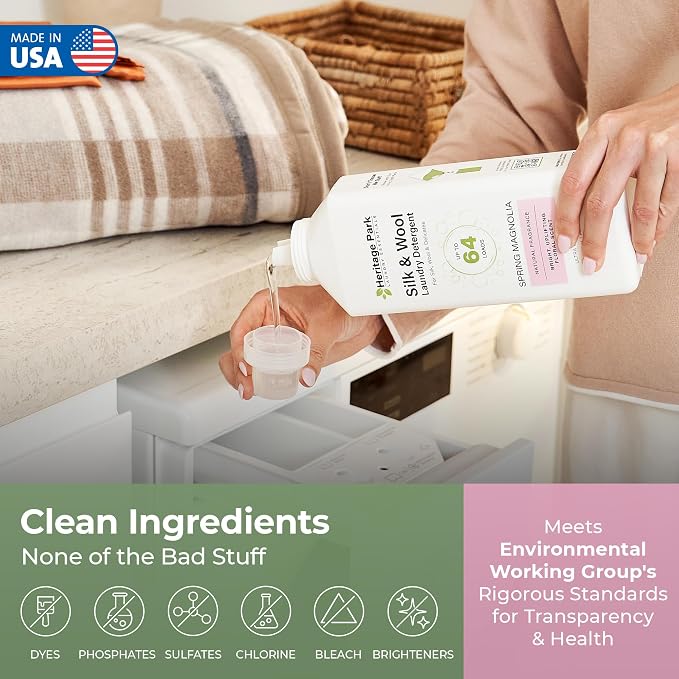 Heritage Park Silk & Wool Delicates Detergent - Spring Magnolia - Refill | EWG Verified & EPA Safer Choice - Enzyme-Free Liquid Detergent - Hypoallergenic, Dermatologist Tested, Gentle on Silk & Wool