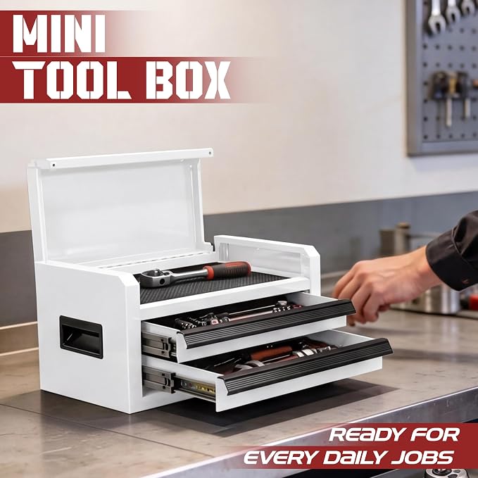 Mini Toolbox with 2 Drawers and Top Storage, Durable Steel Construction with Ball-Bearing Slides, Multi-Purpose Portable Tool Boxes Case Organizer for Garage, White
