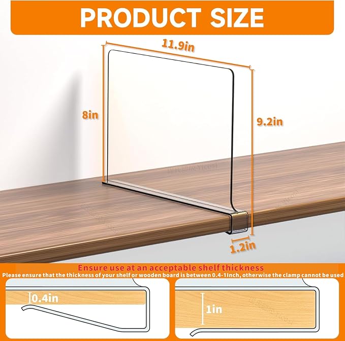 Yieach 6 Pack Clear Acrylic Shelf Divider for Closet Organization - 9.2″ Tall Closet Dividers for Wood Shelves,Cupboard,Vertical Shelf Separators in Closet for T-Shirt,Purse,Handbag,Sweater Organizer