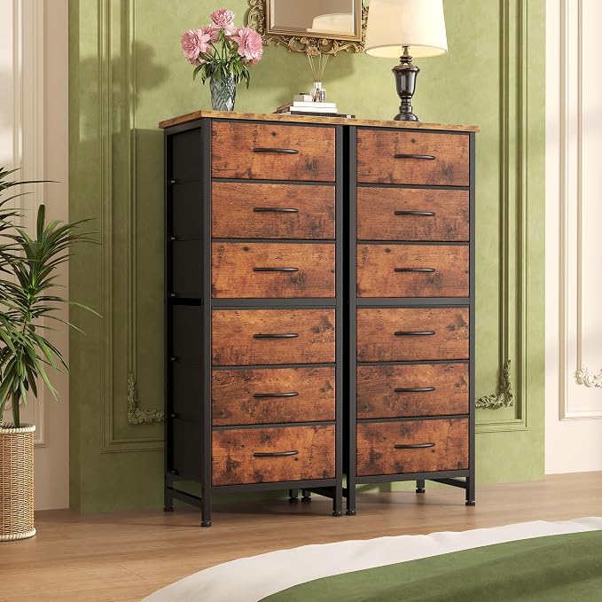Sweetcrispy Tall Fabric Dresser for Bedroom, 6 Drawer Chest of Drawers | Narrow Storage Tower with Wood Top and Metal Frame, Vertical Nightstand for Closet, Bedroom Organization Furniture, Brown