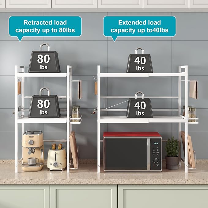 Expandable Microwave Stand Kitchen Countertop Organizer With Storage, White | Adjustable Microwave Oven Rack Metal Storage Shelf for Pans Small Appliances Kitchen Utensils Tableware, 3-Tier