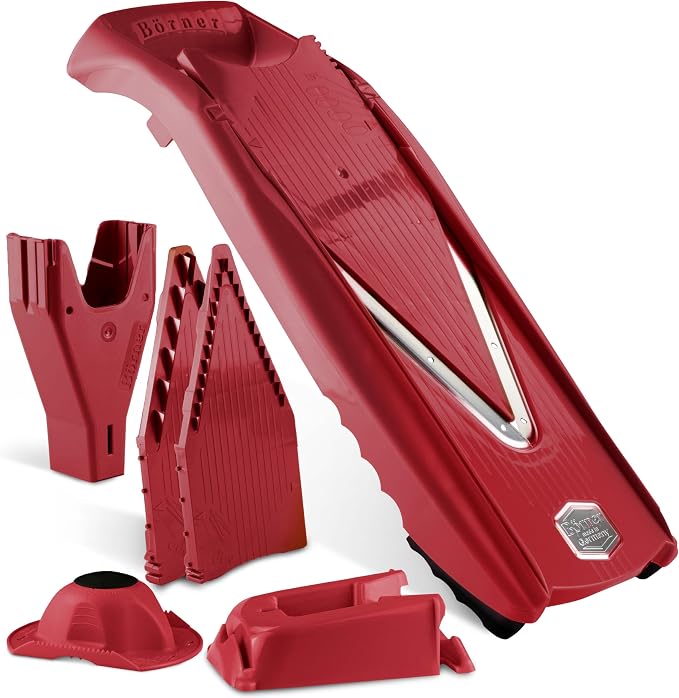 Börner Mandoline Slicer V5 (Professional Set) • Adjustable Vegetable Slicer (7-piece) • 10 Cutting Styles • Kitchen Slicer incl. Docking Station • Stainless Steel V-Blade • Color: Red