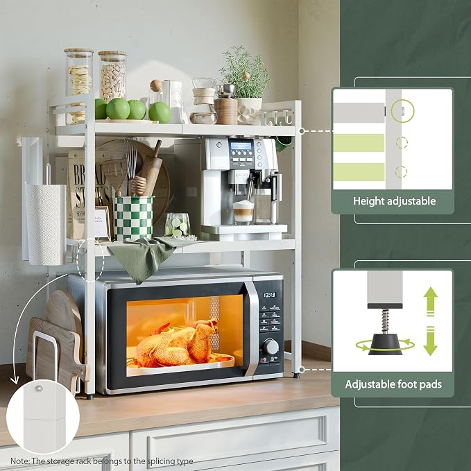 NETEL 3 Tier Expandable Microwave Stand countertop,Microwave Oven Rack | microwave shelf with Paper Towel and Chopping Board Holder, storage shelf for appliances,55 Lbs load Per Tier,White