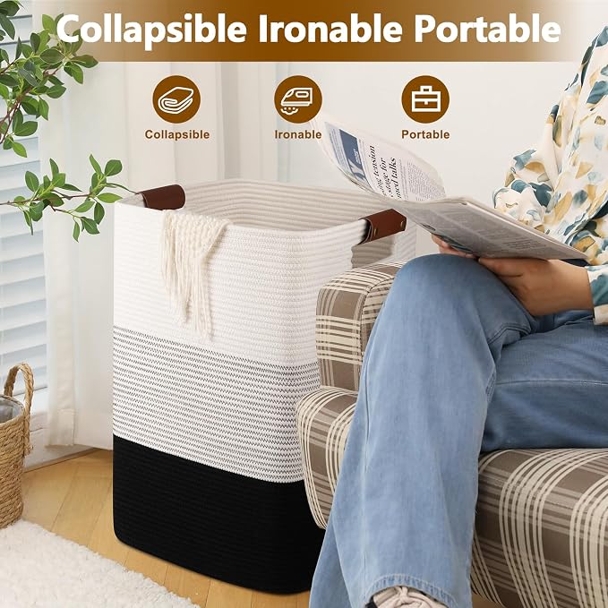 Laundry Hamper 96L Extra Large Laundry Basket, Woven Blanket Basket | Cotton Woven Storage Hamper with Handles for Living Room, Large Baskets for Pillows, Blankets, Clothes-Gradient Black