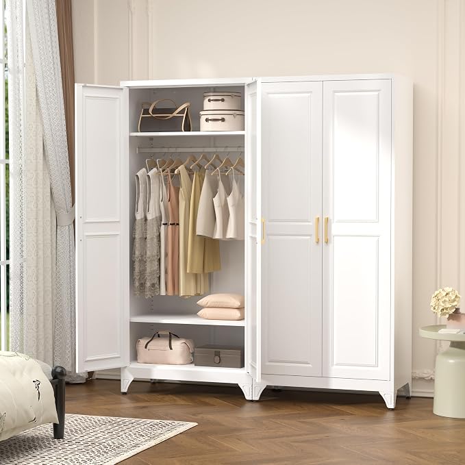 Polup Metal Armoire Wardrobe Closet with Doors and Shelves, 71" Tall Freestanding Wardrobe Cabinet for Hanging Clothes, Large Closet with Hanging Rod for Bedroom, Office, School, Employee, Gym, White