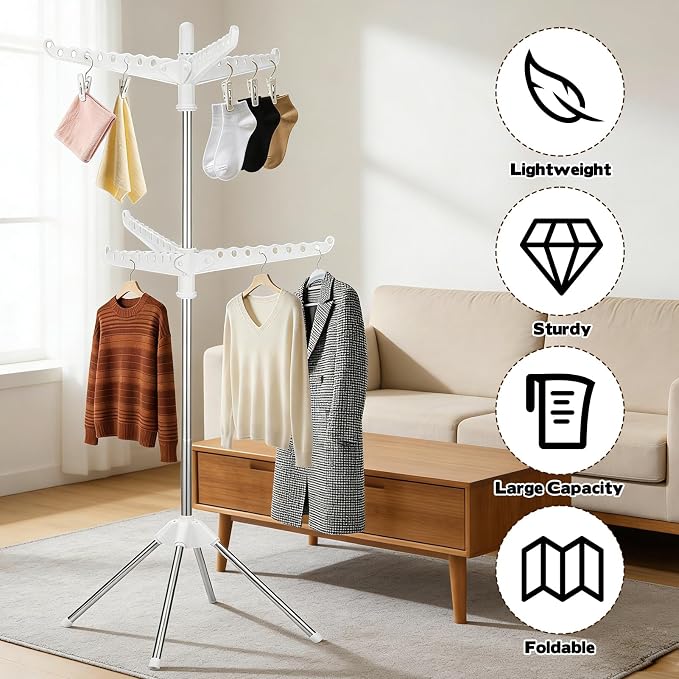 2-Layer Rotatable & Foldable Clothes Drying Rack 75" Stainless Steel Laundry Drying Tree with 6 Rotatable Arms, 4-Leg Free-Standing Hanger Stand for Indoor, Balcony, and Laundry Room