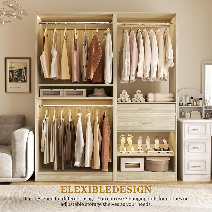 Unikito Closet System Set of 2, 5FT Closet Systems with 2 Wood Drawers, 61" Closet Organizer System with 3 Hanging Rods & 2 Shelves, Heavy Duty Walk-in Closet, White Oak (61" L x 16" W x 80" H)