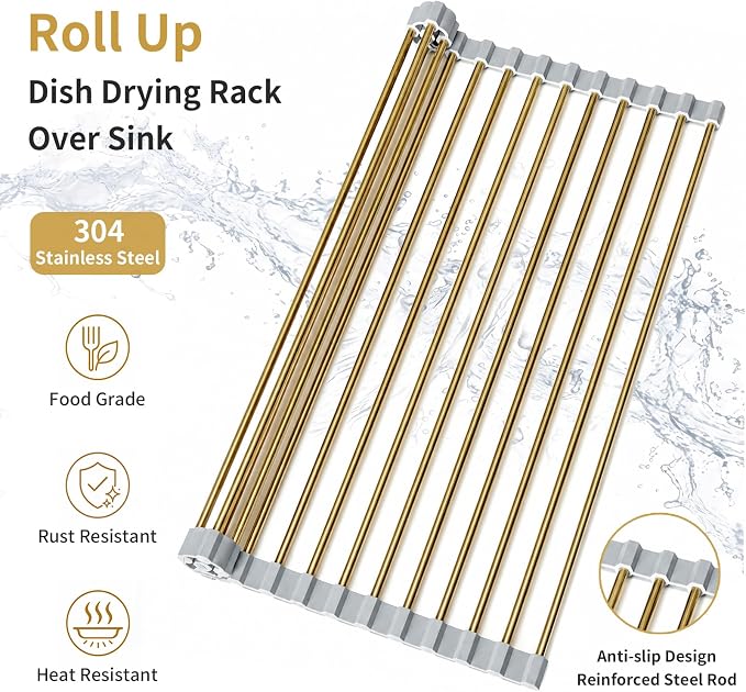 Gold Roll Up Dish Drying Rack Over Sink, Foldable Stainless Steel Drainer Non-Slip Sink Drying Rack Sink Accessories for Kitchen Countertop (17.8×15.7in)