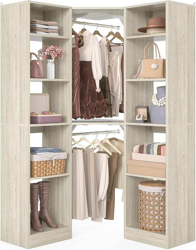 Besiost Corner Closet System with 12 Shelves, 39.2" Corner Closet Organizer System with 2 Hanging Rods, Versatile 6-Tier Walk-in Closets for Corner Space, White Oak (39.2" L x 39.2" W x 80" H)
