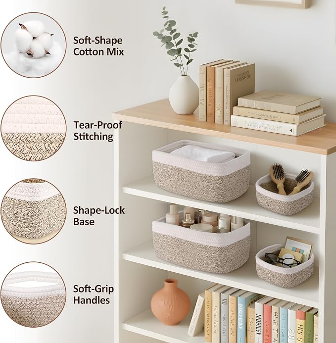5-Pack Small Woven Rope Storage Baskets – 2 Sizes Organizer Bins for Closet, Shelf, Bookshelf, Nursery, Changing Table, Fabric Cube Boxes, Rectangular Shallow Bins for Bathroom, Toy & Home