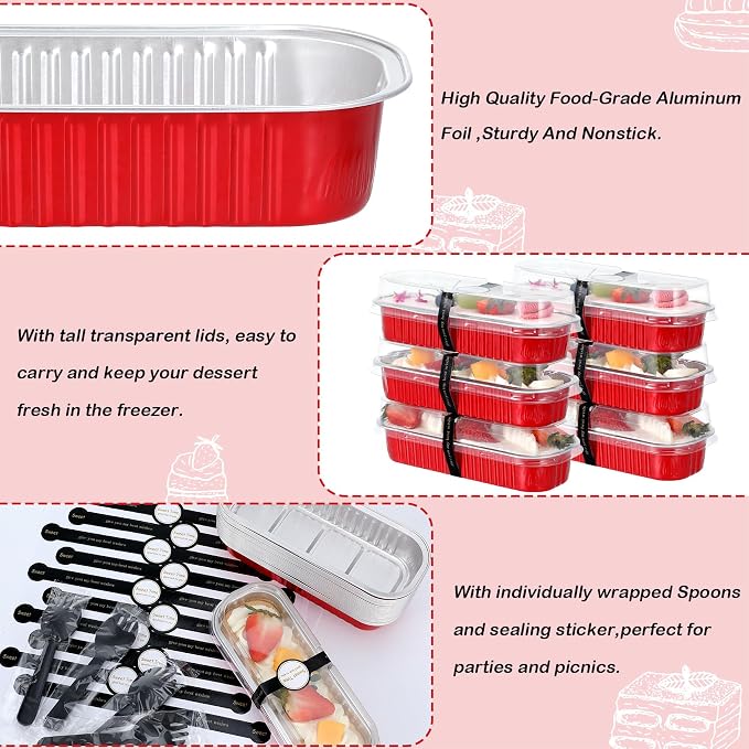 EgticHome Mini Loaf Pans with Lids and Spoons (100 Pack, Mixed color, 6.8oz) Rectangular Aluminum Foil Baking Pans