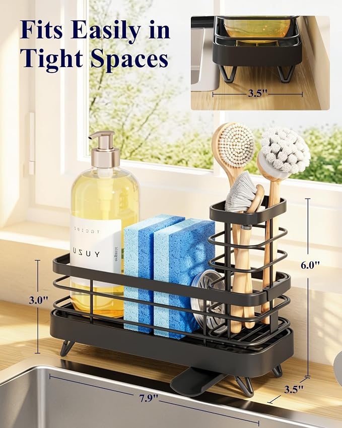 Kitsure Sponge Holder for Kitchen Sink, Self-Draining Sink Caddy, Sink Organizer with Rotating Drain Spout and Movable Brush Holder for Narrow Countertops (Black, 7.9" x 3.5" x 6.0")