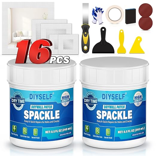 DIYSELF 16-Piece Drywall Repair Kit, Spackle Wall Repair with Mesh Patches | 2 Jars of Repair Putty, Self-Adhesive Mesh Patches, Drywall Patch Kit for Cracks, Wall Hole Repair Kit for Homes and Renters