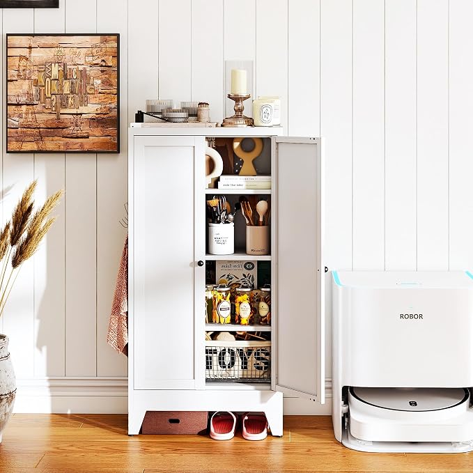 AQY Metal Pantry Cabinet with Adjustable Shelves, White Kitchen Pantry Storage Cabinet with 2 Doors, Freestanding Storage Cupboard Organizer for Dining Room, Living Room, Bathroom