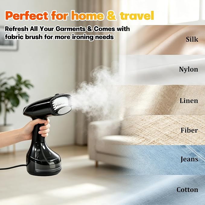 Handheld Steamer for Clothes, 1800W Powerful Steam & Fast Wrinkle Remover | 3 Steam Settings, 25S Fast Heat-up, 110-120V, Fabric Brush & 280ml Big Capacity, ideal for home & travel wrinkle removal