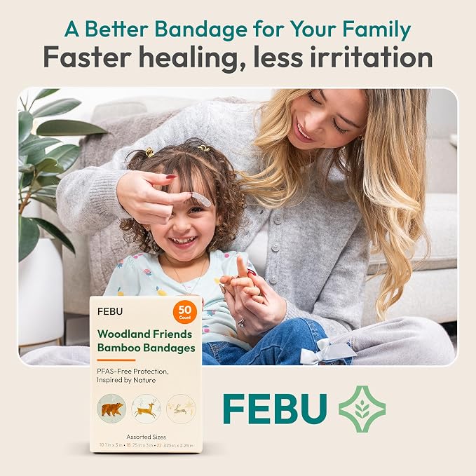 FEBU Woodland Friends Print Bamboo Fabric Bandages, 50 Count Strip | PFAS Free, Natural Hypoallergenic, Compostable, Latex Free; For Scraps, Cuts and First Aid