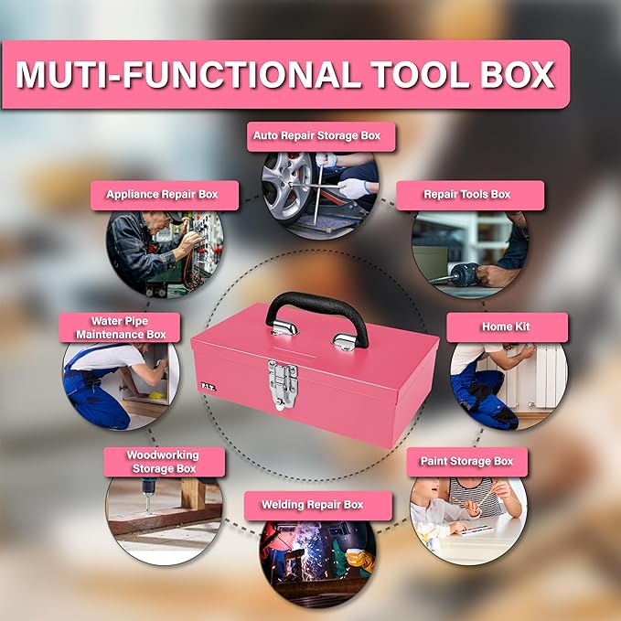 P.I.T. 11'' Small Tool Box, Portable Metal Tool Box,Pink Mini Tool Chest, Portable Steel Tool Case with Metal Latch Closure for Basic Tool Kits or Craft Storage