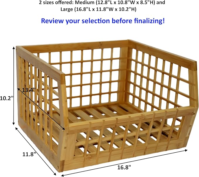 Bamboo Stackable, Open Front, Large Storage Bins With Tray Lid -Set of 2