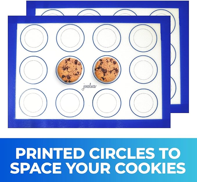 Jenaluca Silicone Baking Mats 2 Pack, Non-Stick, 16.5 x 11.6 inches | Food grade silicone pan liner with cookie measurements. Reusable for cookies, pastries & meal prep. Non-slip design.