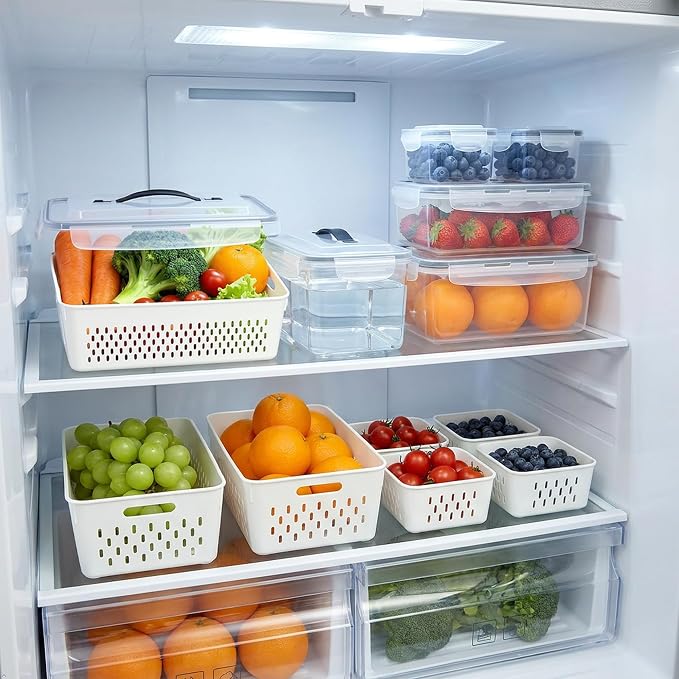 KUK 5 Pack Fruit Storage Containers for Fridge, Leakproof Food Containers with Removable Colander, Berry Containers for Fridge BPA Free Produce Saver Keep Vegetables Berry Meat Fresh Longer (5)