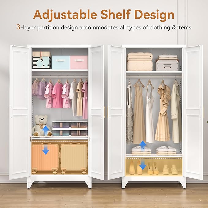 Polup Metal Armoire Wardrobe Closet with Doors and Shelves, 71" Tall Freestanding Wardrobe Cabinet for Hanging Clothes, Large Closet with Hanging Rod for Bedroom, Office, School, Employee, Gym, White