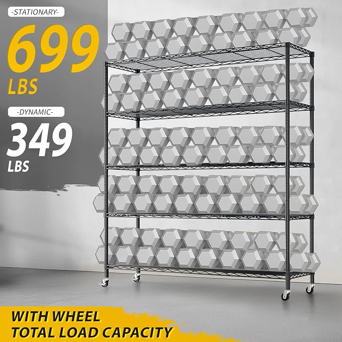 Karl home 5-Tier Adjustable Metal Storage Shelves, Wire Unit with Wheels | Heavy Duty Wire Storage Rack Organizer, Multipurpose Shelving for Garage, Pantry, Kitchen Display