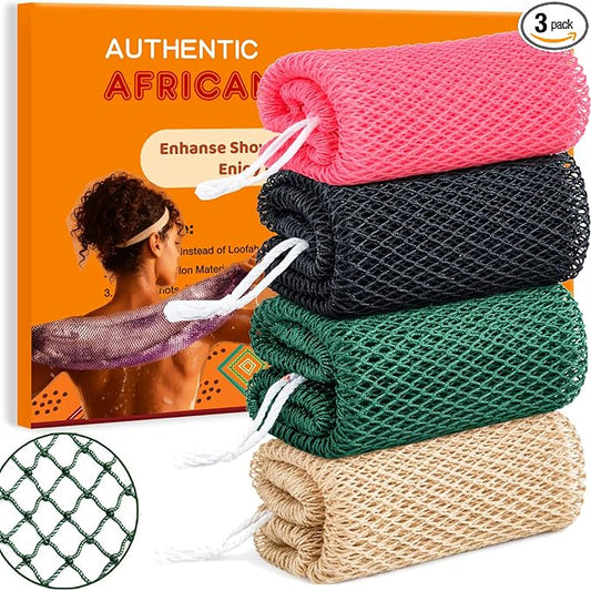 African Net Sponge Authentic Exfoliating Washcloth Body Back Scrubber 4 Pcs | 46 Inch Shower Loofah Exfoliating Bath Sponge for Women and Men Daily Use Body Care Travel Portable Accessories Spa Gifts