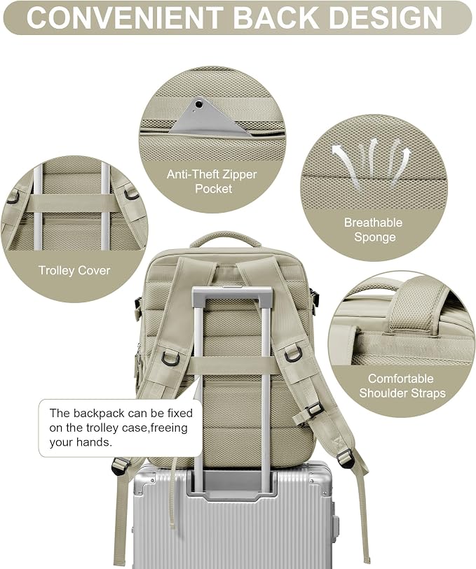 WONHOX Large Travel Backpack Women,Carry On Backpack Flight Approved 18x14x8 inches Bag Spirit Airlines Personal ltem,College Sports Hiking Rucksack Laptop Blackpack mochila de viaje,Brown