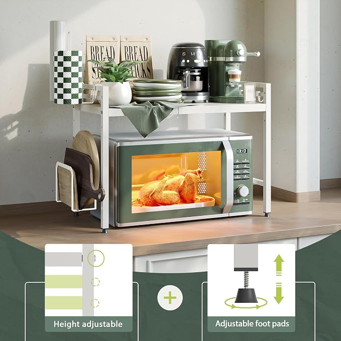 NETEL 2 Tier Expandable Microwave Stand countertop,Microwave Oven Rack | microwave shelf with Paper Towel and Chopping Board Holder, storage shelf for pans &appliances,8 Hooks,55lbs max load,White